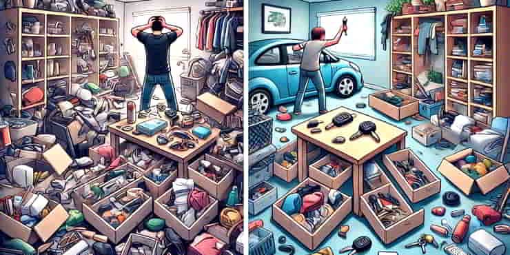 The left half is cluttered with various items scattered everywhere making it difficult to find anything and the right hand side is less cluttered - eliminate the unnecessary