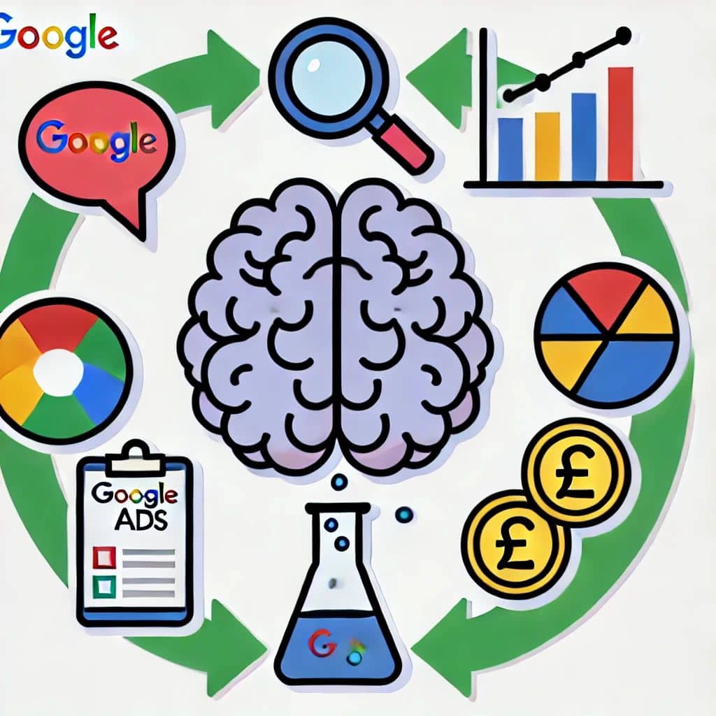 A central brain icon to represent strategic thinking, along with technical ideas