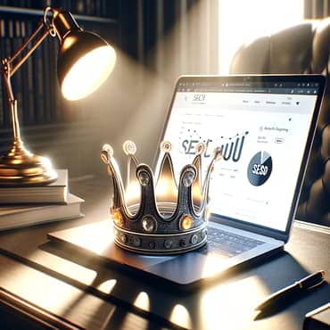 Introduction To SEO: The Crown Jewels of Online Visibility A crown placed on a laptop displaying SEO analytics