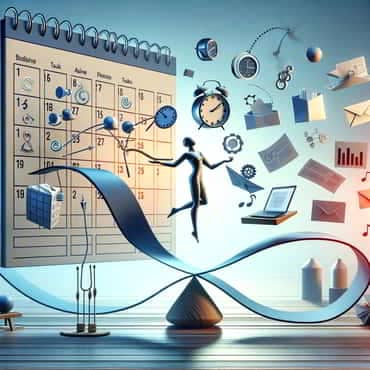 Task Batching for Efficiency: Grouping Similar Tasks A dynamic workspace with visual elements representing overcoming obstacles with task batching