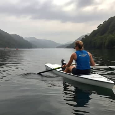 A lady skulling in calm weather