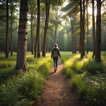 A lady waking along a path through a forest