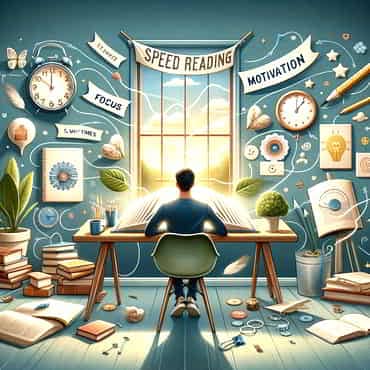 A man sitting at a desk with a large book speed reading