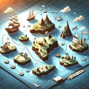 Goal Setting And Task Prioritisation: Specific Activities And Outcomes A series of strategic island hopping steps leading towards a treasure island