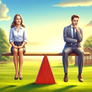 Growing from Compliments and Criticism: The Feedback Loop A smiling woman on one end of a seesaw and a pensive man on the other but balanced