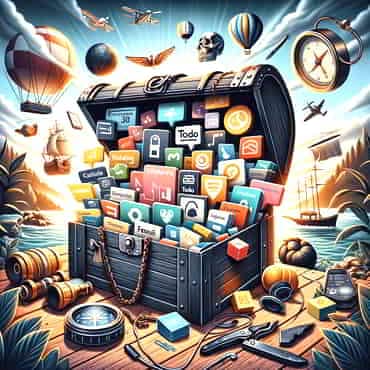 Deadline Management: Prioritising Urgent Tasks A treasure chest overflowing with symbols representing various productivity tools and apps