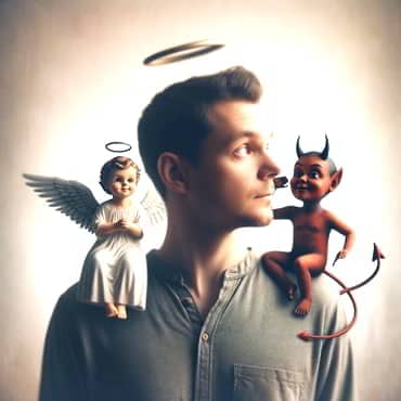 A person appearing contemplative with a small devil on one shoulder and a small angel and on the other both whispering ln his ears