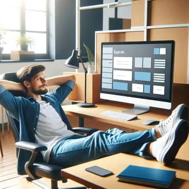 The Power Of WordPress Page Builders: Drag-and-Drop Designer A relaxed man sitting with his feet up on a desk comfortably resting a keyboard on his lap looking at a computerscreen