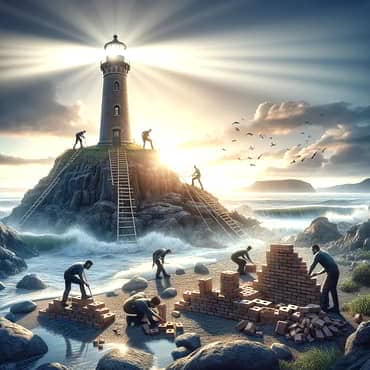 Self-Belief And Confidence: Believe In Your Ability To Make Decisions Constructing a lighthouse on a rocky shore-emphasising effort patience and persistence