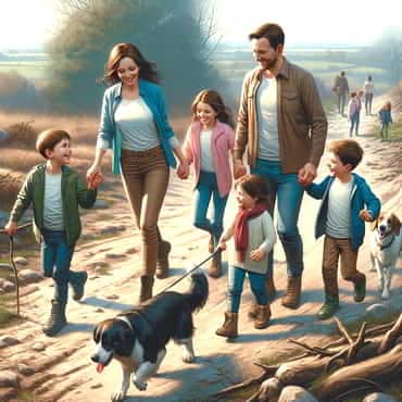 Family walking over rough ground with dogs