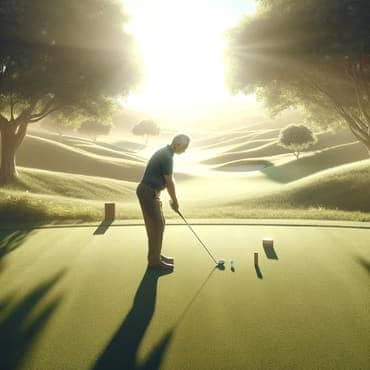 Golfer in deep focus in the moment of preparing to take a shot