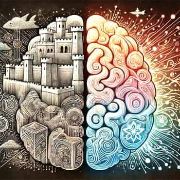 Why Is Change So Hard For Most People And How Can We Handle It? On left side, the brain is illustrated as a fortress with walls and barriers on the rigt as an open, receptive vessel