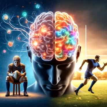 On the left a rugby player reflecting and in the centre a brain re-wiring and on the right player taking action
