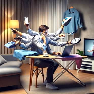 The Impact of Technology on Productivity: Weighing Pros and Cons Someone trying to multitask with a laptop mobile phone television and ironing clothes simultaneously