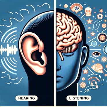 How To Improve Active Listening Skills: Transform Your Relationships The left side features a human ear with sound wave and the right side the brain getting involved
