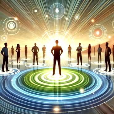 Powers Of Visualisation And Affirmation: A Guide To Benefits And Usage A person stands confidently in the centre surrounded by a glowing aura and. around them are concentric circles or ripples spreading outward touching other people