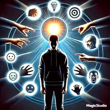 A person surrounded by various emotional triggers such as criticism rejection and anger