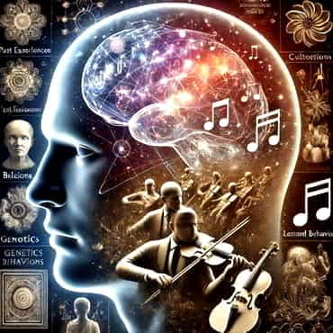 A subconscious symphony_a semi-traansparent head with a string orchestra playing there