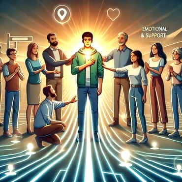 A group of individuals standing in a supportive formation with one person in the centre looking ahead toward a goal