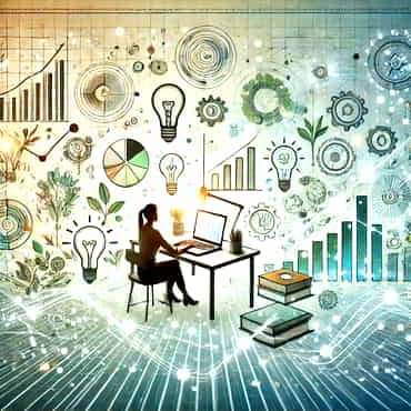 A person is shown sitting at a desk with an open laptop surrounded by trappings of learning