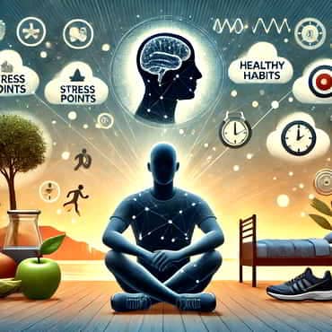 A person sitting in a peaceful reflective pose surrounded by symbols of stress points and emotional triggers like floating thought bubbles