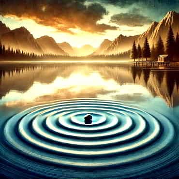 A calm lake with a pebble creating ripples