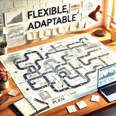 A detailed semi-transparent flexible and adaptable roadmap sprawls across a desk