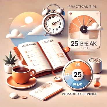 A morning routine scene with a cup of coffee a planner open and a pomodoro timer