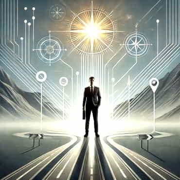A solopreneur at the centre of a symbolic pathway with several branching roads representing different business decisions and opportunities