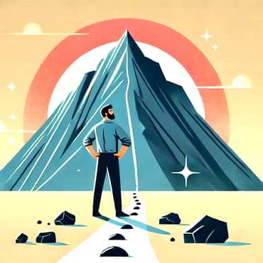 A solopreneur standing strong in front of a large, symbolic mountain, representing obstacles and challenges