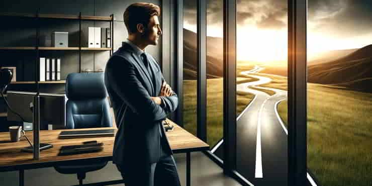A business professional stands at a large office window, gazing out thoughtfully - career advancement
