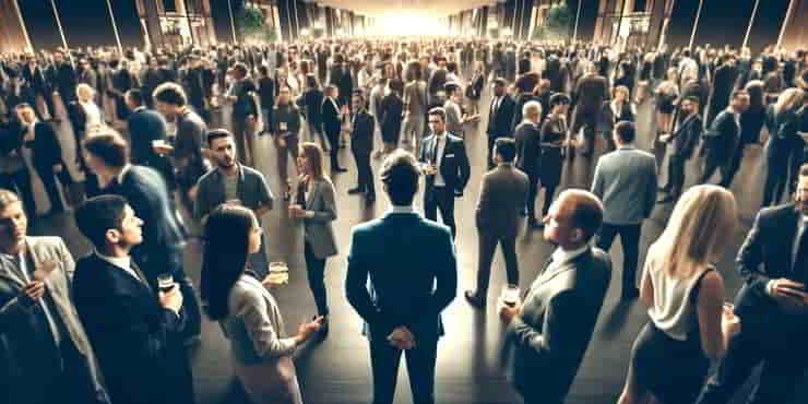 A crowded networking event seen from the perspective of an individual standing at the edge of the room - navigate networking