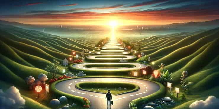 A disjointed winding path stretching to the horizon symbolising the road to career objectives