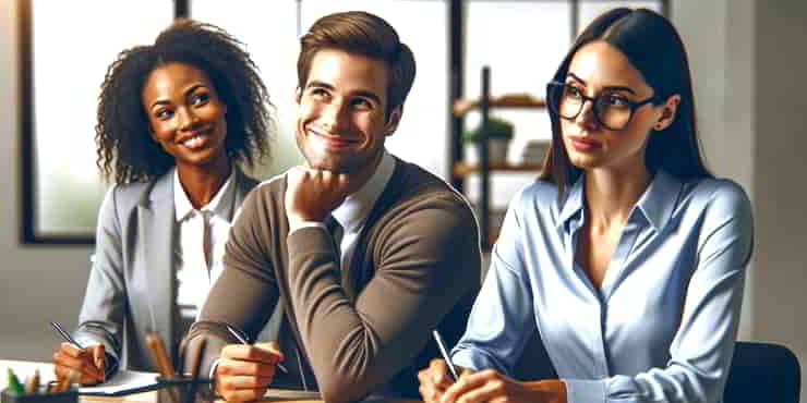 Growing from Compliments and Criticism: The Feedback Loop A diverse group of three professionals in a modern office setting reacting differently to feedback - compliments and criticism