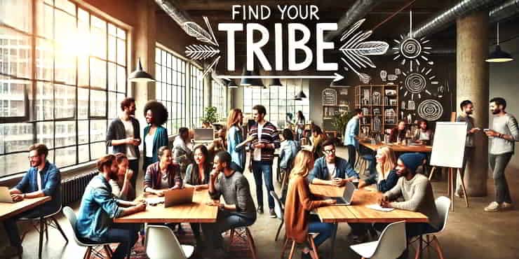 A diverse multicultural group of individuals gathered in a modern co-working space - finding your tribe