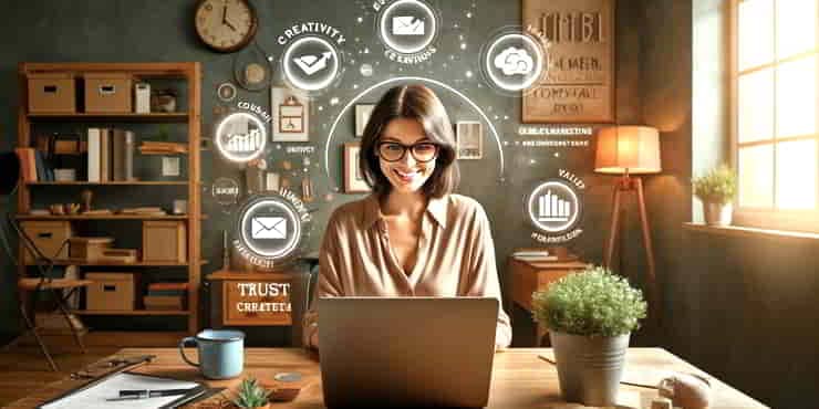 Email Marketing Mastery for Solopreneurs A female solopreneur sitting at a desk in a cosy well-organized home office working on a laptop - email marketing mastery