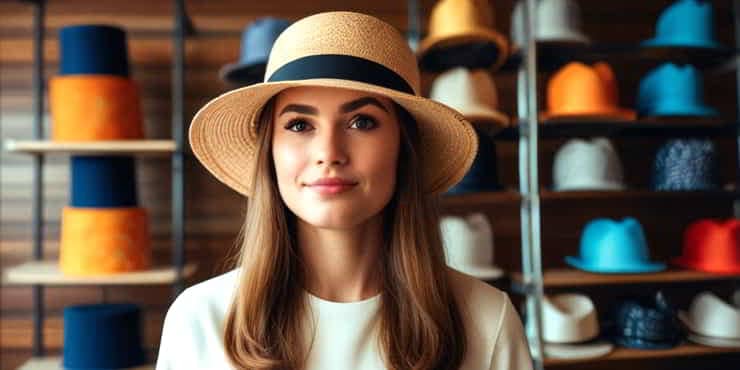A lady in front of shelves containing many different hats - how to build a brand from scratch