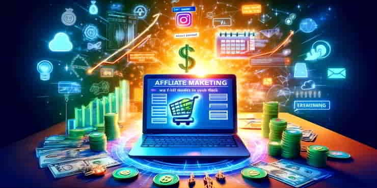 Mastering Affiliate Marketing: Earning While You Sleep A laptop on a desk displaying a website with ads and product links and a shopping cart - mastering affiliate marketing