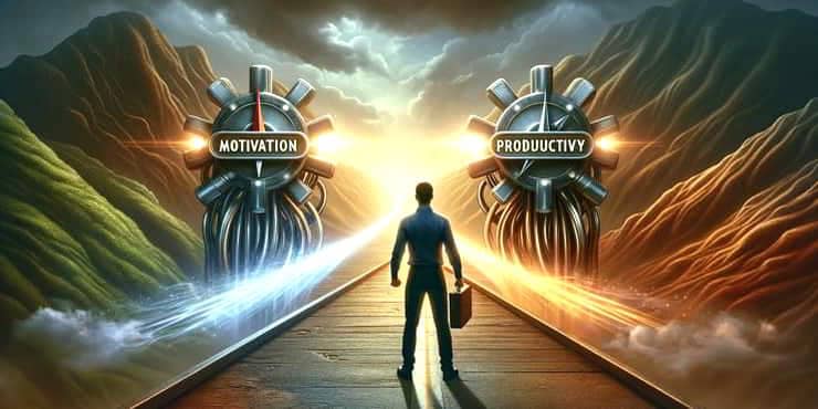 Motivation and Productivity: Self-motivation Strategies A man walks towards twin gates of motivation and productivity