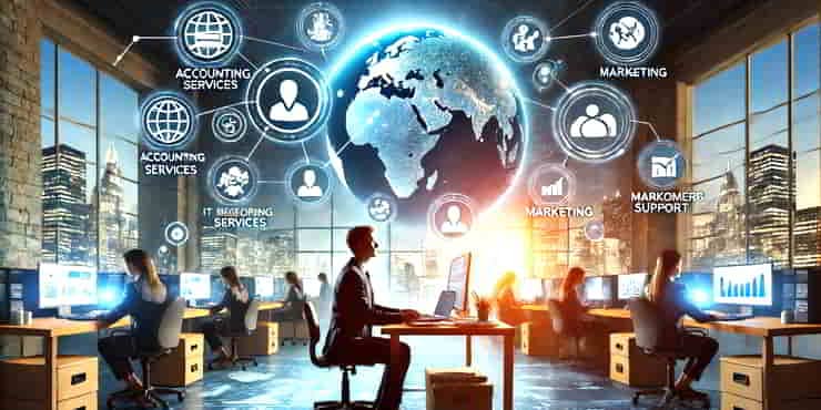 Outsourcing 101: When to Hire Help A modern office environment where various tasks are being managed by external service providers - outsourcing 101