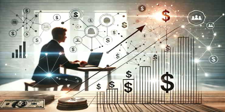 Scaling Your Business For The Solopreneur: Strategies for Growth A person at a desk with a laptop surrounded by various symbols of business growth - scaling your business