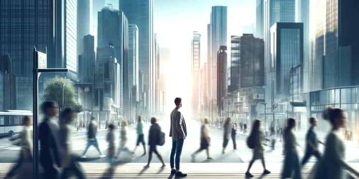 Living For Now Improves Decision-Making: Harnessing The Power Of This Moment A person pausing in a bustling city to just experience the moment - living for now improves decision making