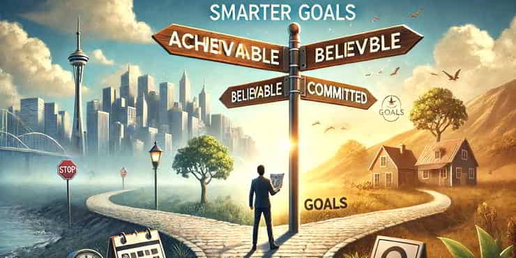 A person stands at a crossroads with two paths - one leading to a city skyline and the other to a country scene - setting SMARTER goals