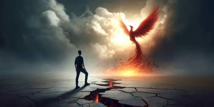 A person ttanding on a cracked ground of a monumental setback watching a phoenix rising - learning from failure