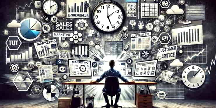 The Solopreneur’s Health: Managing Stress and Burnout A solo entrepreneur at a desk with multiple screens, surrounded by various icons and tools representing different busness pressures - managing stress and burnout