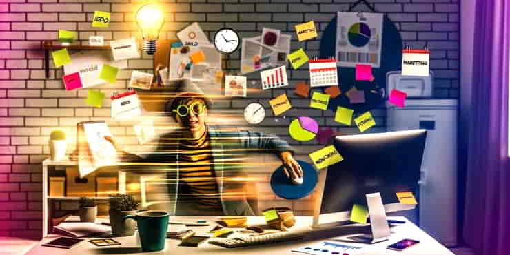 From Idea to Reality: Dealing with Challenges—Solopreneur Problem-Solving A solo entrepreneur in a home office trying to multitask - from idea to reality