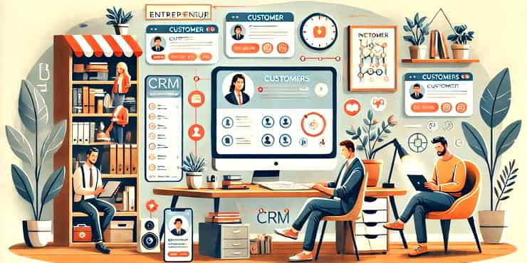 A solo entrepreneur in a well-organized home office managing customer relationships through various digital devices