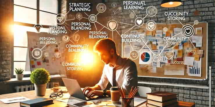 Building Your Legacy: The Long-Term Vision of a Solopreneur A solopreneur working at a desk surrounded by symbols of striving towards building a legacy - building your legacy