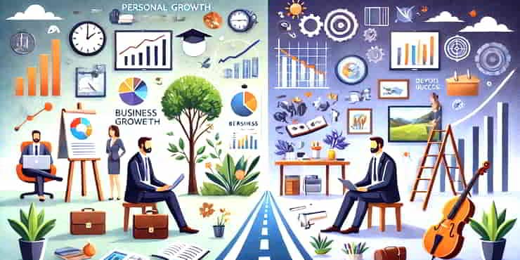 Growth Beyond Personal Development In Business A split-screen view of personal growth beyond professional achievements with image of a man in both professional and preofessional settings - personal development in business