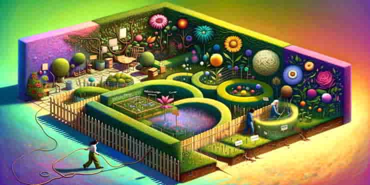 Positive Boundary Setting: Balancing Personal And Professional Life A vibrant garden divided into distinct areascbeing maintained by a gardener - balancing personal and professional life